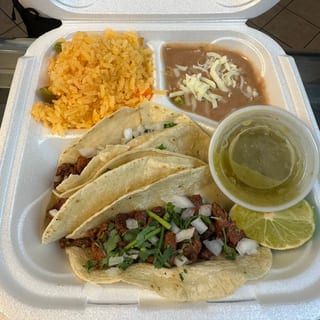 Asada Tacos With Rice and Beans