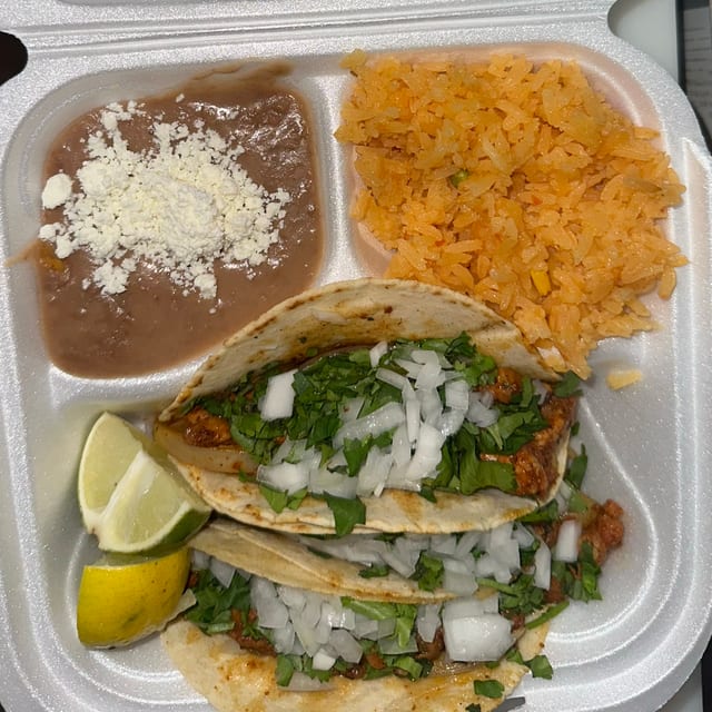 Chicken Tacos With Rice and Beans.